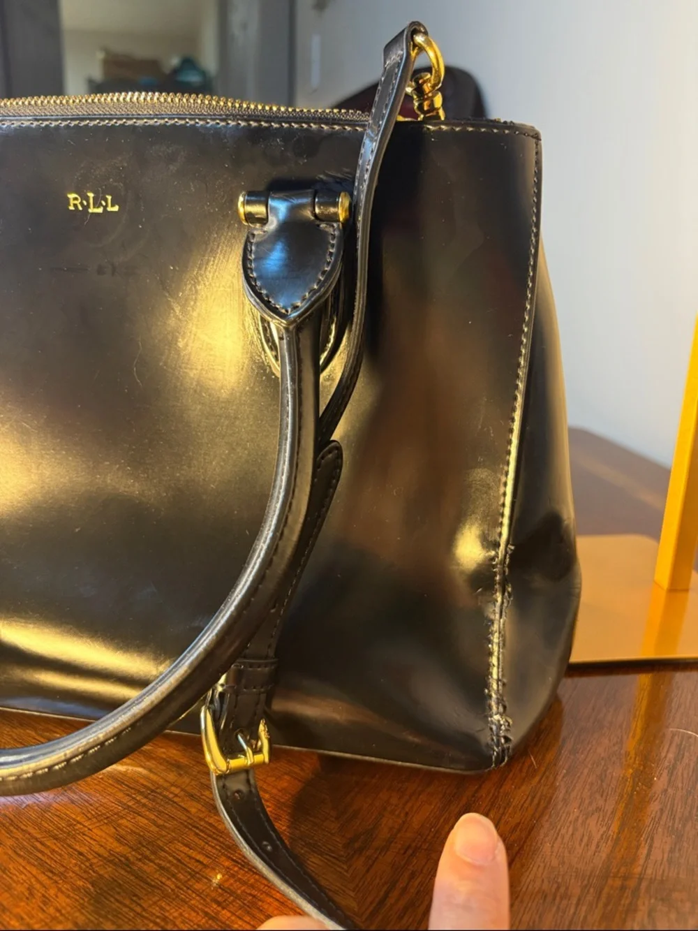 Ralph Lauren Black Patent Leather Tote Bag with Gold Hardware